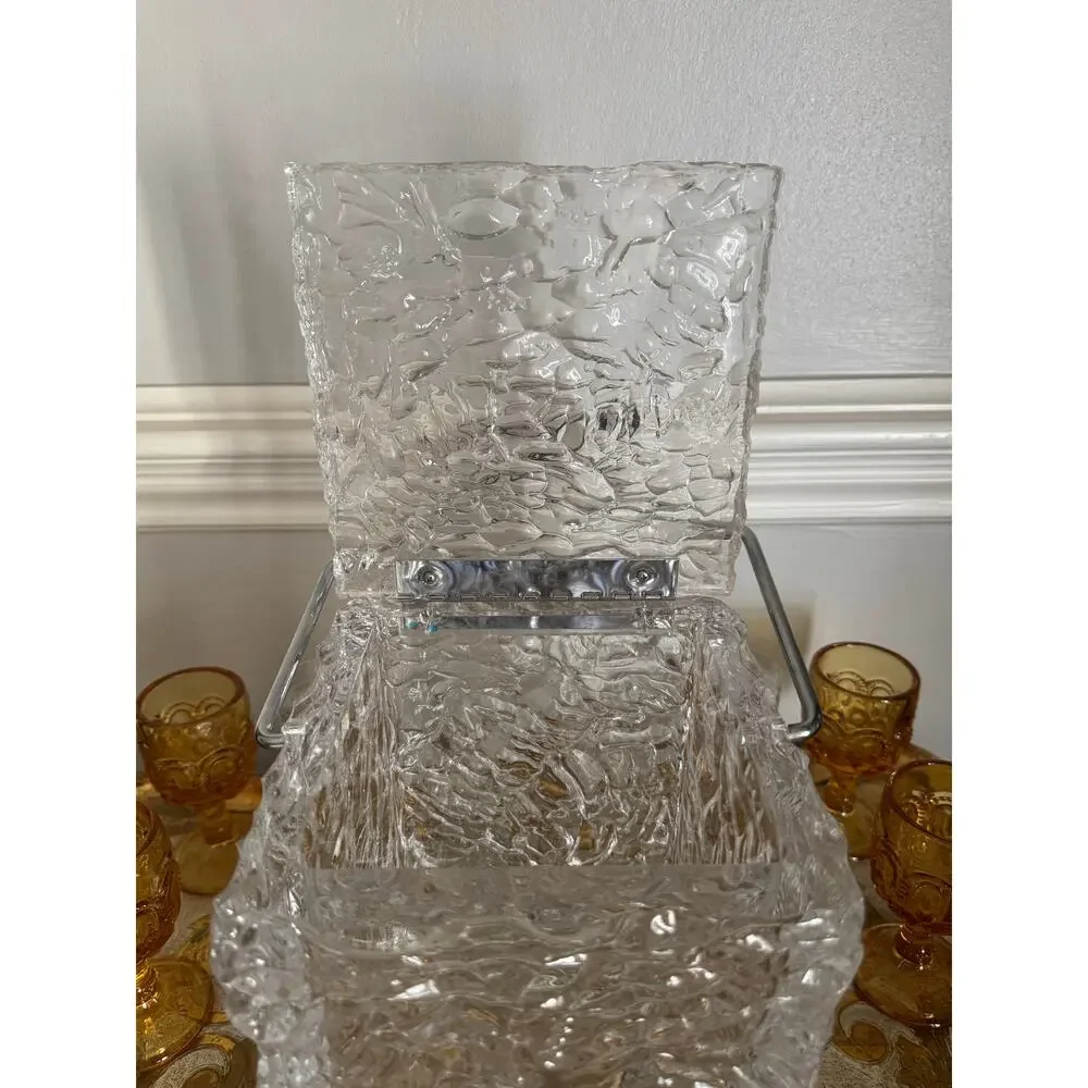 Vintage MCM Lucite Ice Bucket Ice Block Textured Acrylic Chrome Handle Barware